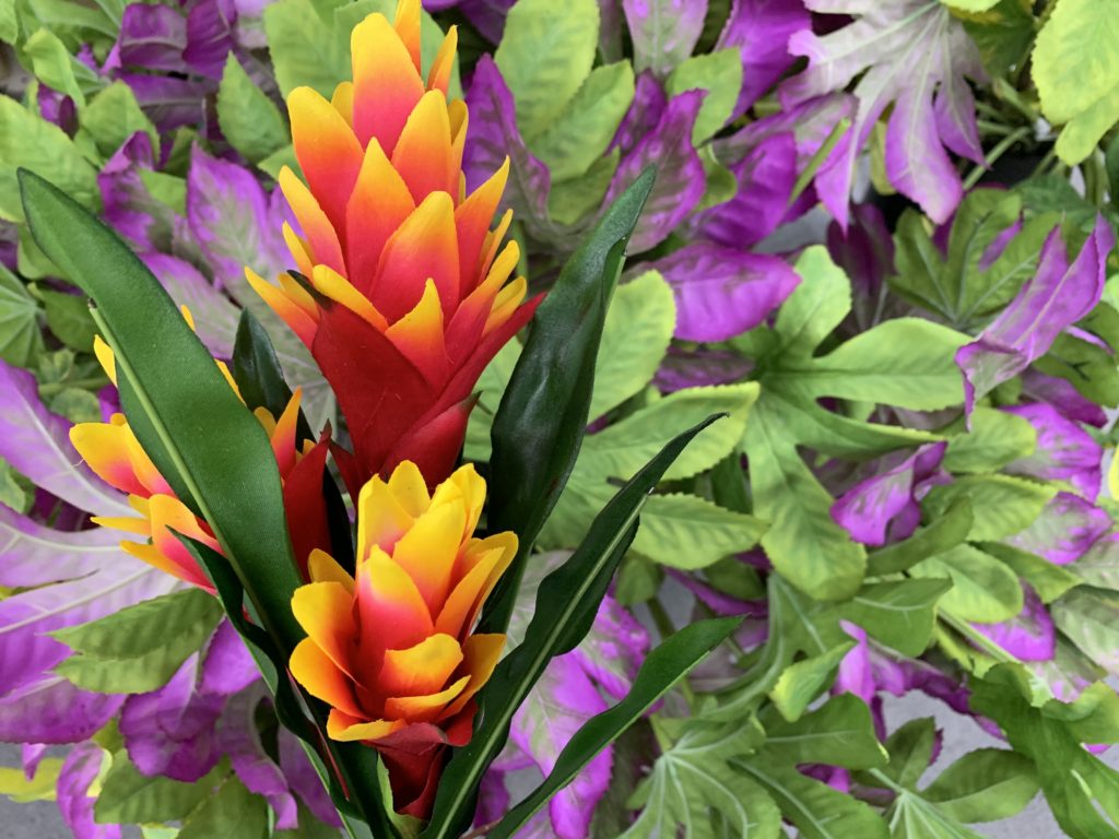Tropical silk flowers for a punch of color.
