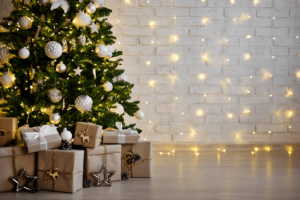 Alsip Nursery-christmas tree with lights behind
